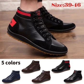 

Men's PU Leather Boots Male Casual All Matching Spring Autumn Lace Up High Top Flat Shoes