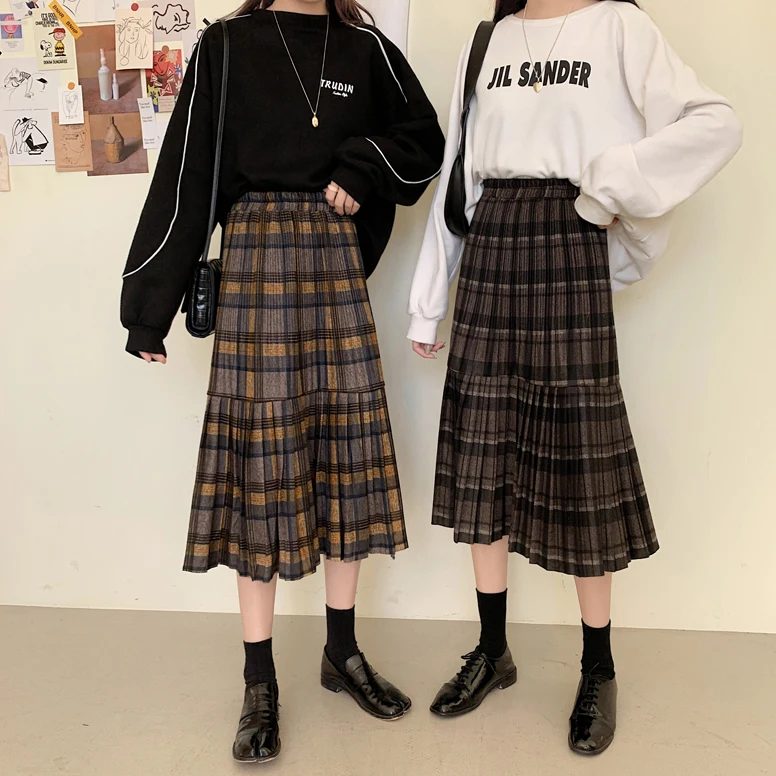 Женская Клетчатая Шерстяная Юбка в стиле ретро Harajuku, свободная плиссированная юбка с высокой талией, женская простая облегающая трапециевидная юбка для женщин