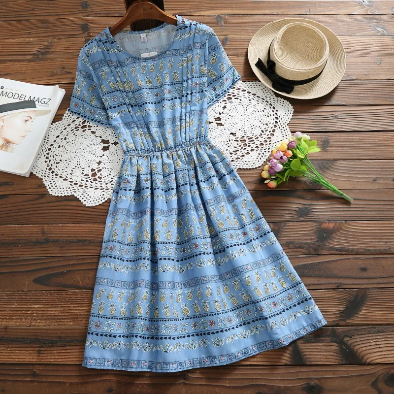 

2019 Summer Wear Artistic Retro National Wind Crew Neck Digital Printing Women's Cotton Linen Short-sleeve Dress Fashion