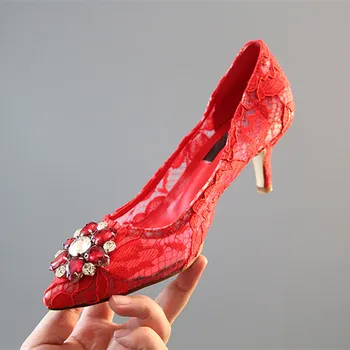 

Bridal Shoes Wedding Pumps Crystal Embellished Formal Dress Shoes Women Elegant Lace High Heels Rose Red White женская обувь