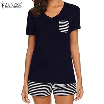 

Women Short Sleeve Summer Casual Lady Sleepwear Striped Print Shirt Suits V-Neck ZANZEA Elastic Waist Shorts Home Wear Oversized