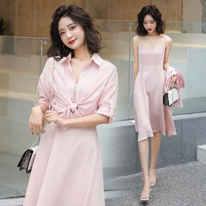 

Dress 2019 New Style Summer Popular Korean-style Mid-length Slimming Shawl Strapped Dress Set Skirt Two-Piece Set