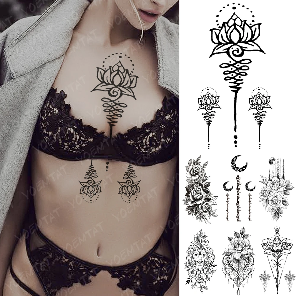 

Waterproof Temporary Tattoo Sticker Moon Rose Mandala Lotus Flash Tattoos Lion Fox Flowers Body Art Arm Fake Tatoo Women Men