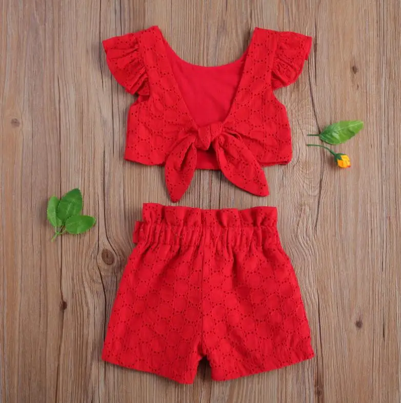 Kids girls clothing set t shirt Children Kids Summer Clothing Set Jacquard Flying Sleeve Backless T-shirt Shorts Two-piece Suit Lace Girls Clothes Set