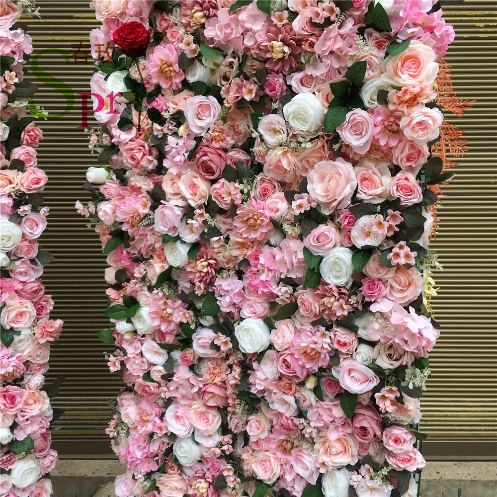 SPR Top selling plastic panle back mix pink silk flower wall for wedding backdrop decoration
