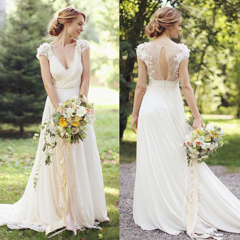 

Custom Made Vestido De Noiva Ivory/White robe de mariee Chiffon Short Sleeve Lace Beach Bridal Gown 2018 bridesmaid dresses