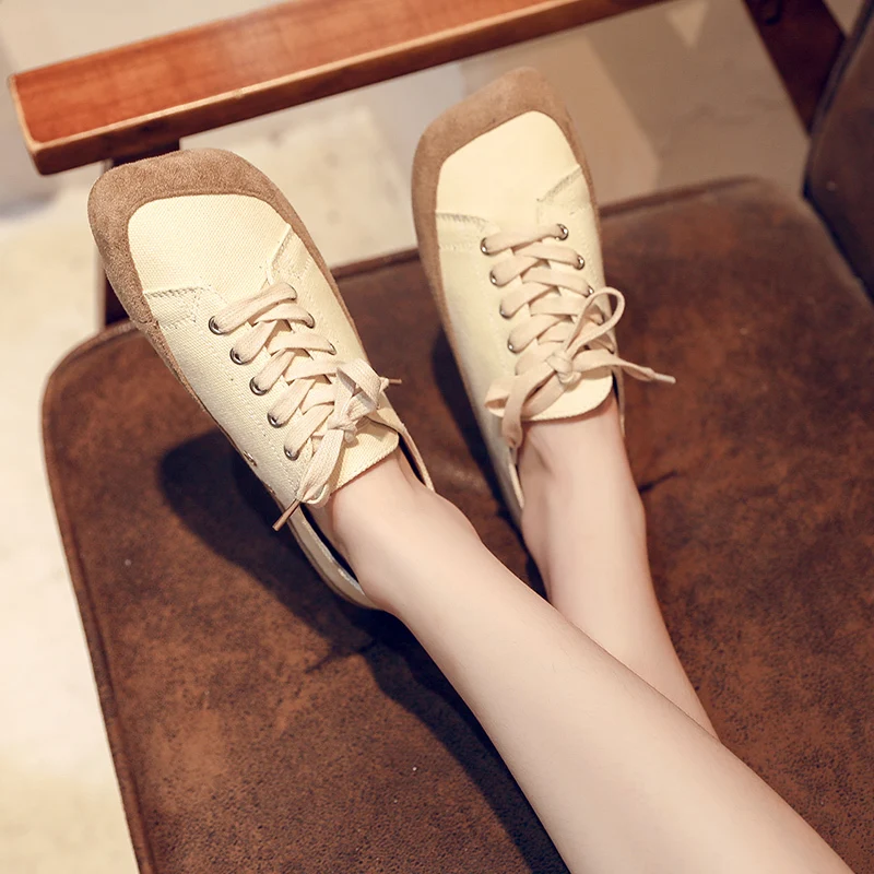 

2019 New Breathable Lace Up Genuine Leather Flats Shoes Woman Sneakers Tenis Feminino Square Toe Flats Shoes Women Shoes