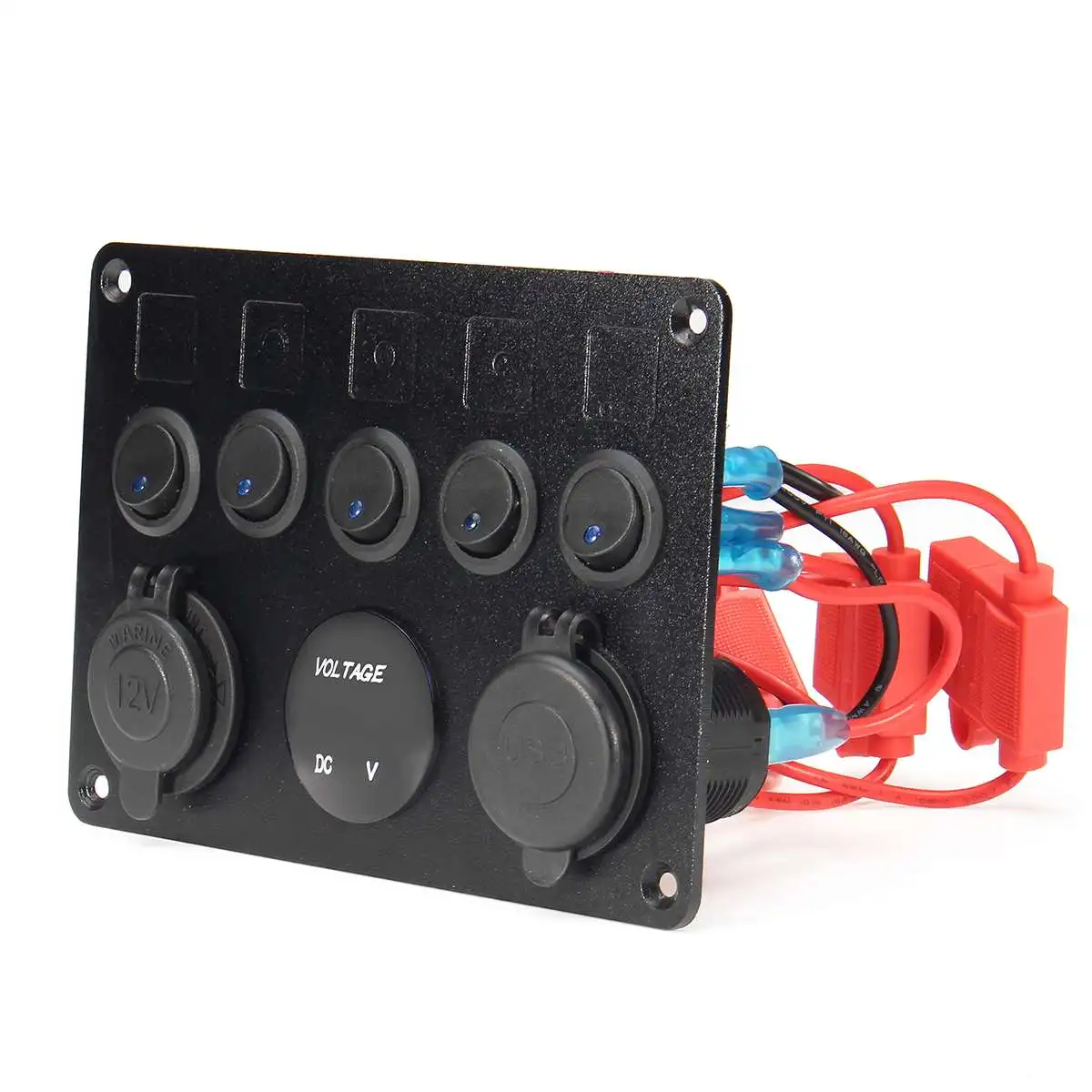 5 Gang Car Marine Boat Universal LED Rocker Switch Panel Circuit Digital Voltmeter Dual USB Port 12V Outlet with DIY sticker