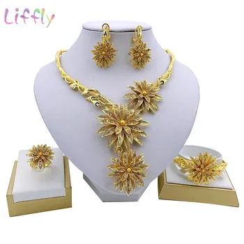 

Dubai Fashion Jewelry Sets Necklace Bracelet Flower Shape Pendant Earrings Ring Crystal Jewelry Dubai Bridal Wedding Jewelry