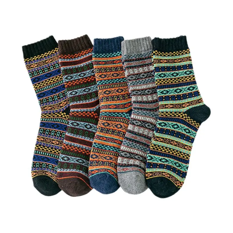 Polka Dot 5 Pairs Ethnic Mens Chunky Knit Crew Socks Geometric Stripes Winter Warm Hosiery Y1AC - Цвет: Polka Dot