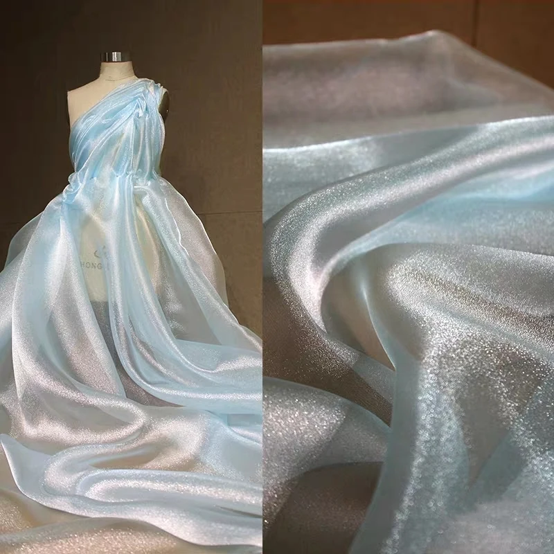 

High-grade Clear Sky Blue Voile Tulle Fabric Glittering Soft Perspective Mesh DIY Sewing Wedding Dress Designer Fabric Telas