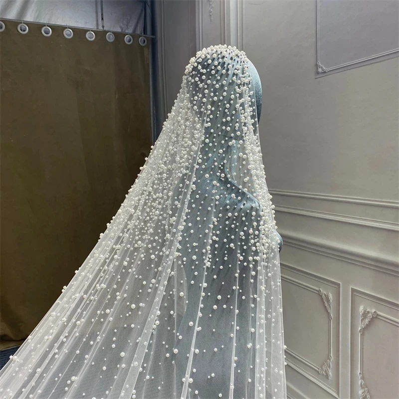 

YouLaPan V139 Luxury Cathedral Bridal Veil 1 Tier Long Wedding Pearl Veil with Different Size of Pearls Delicate Nail Bead Veu