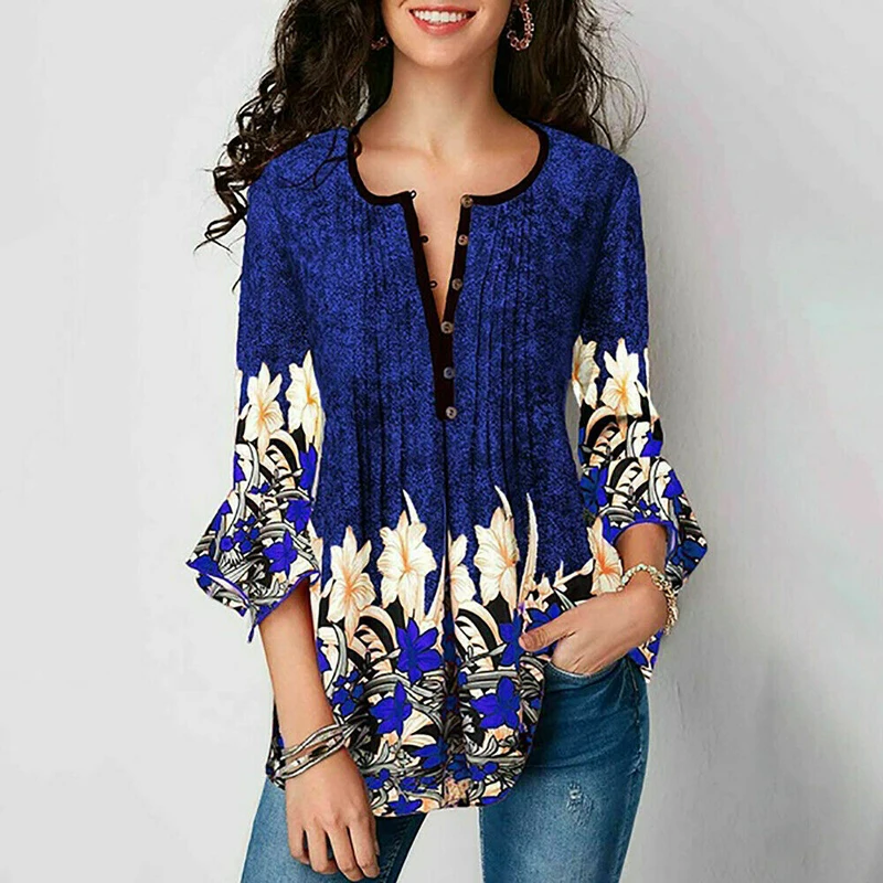 Autumn Elegant Women Ladies Boho Floral Loose Top Shirt 3/4 Sleeve Plus Size Tunic Blouse S-2XL tunic tops s-2xl size