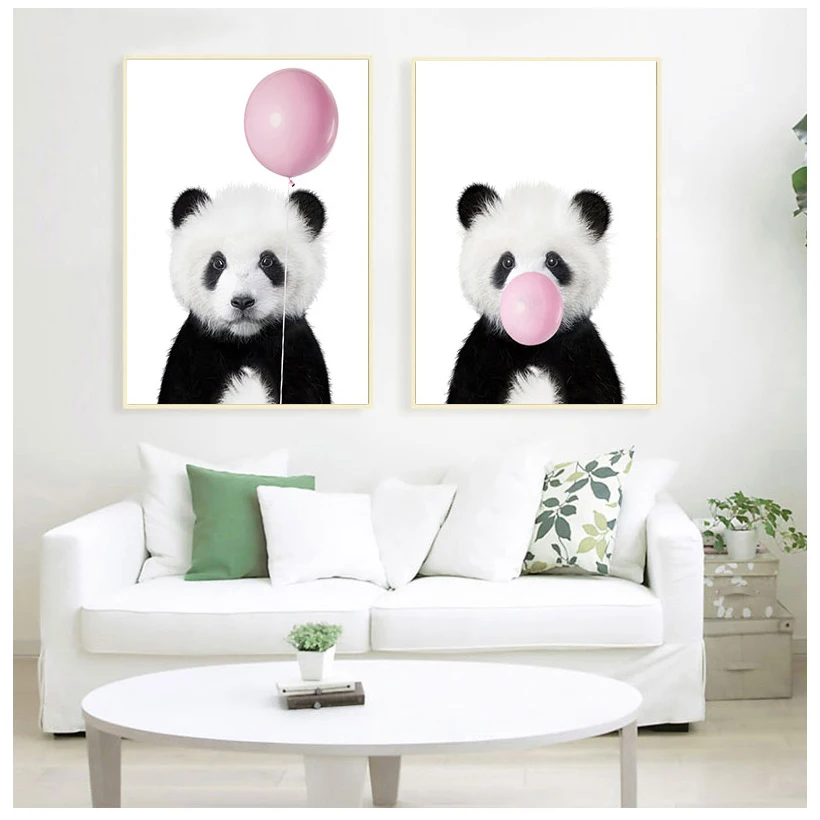 Baby Panda Print Animal With Bubble Gum Poster Nursery Wall Art Picture Decor Cute Pink Balloon Baby Shower Gift Canvas Painting