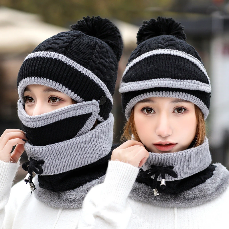 Beanies шапка женская зимняя Милая теплый шерстяной вязаный головные уборы наборы 3 с маской нагрудник Женская Осенняя велосипедная военная защита Лыжная Шапочка