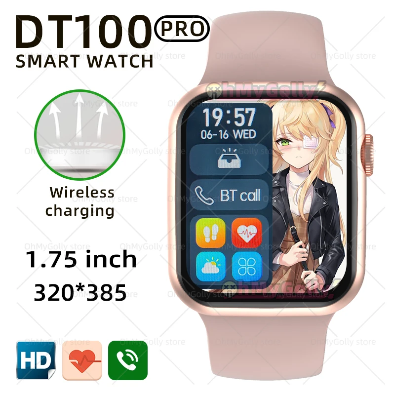 DT100 Pro Men Smart Watch Bluetooth Call 1.75'' Wireless Charge Customs Dial Women Smartwatch pk iwo 13 M16 M26 X22 pro plus max