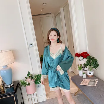 

Summer Sexy Spaghetti Strap Pajamas Sets Women Long Sleeve Tops Camisole Ruffle Shorts 3pcs/set Sleepwear Thin Woman Nightgown