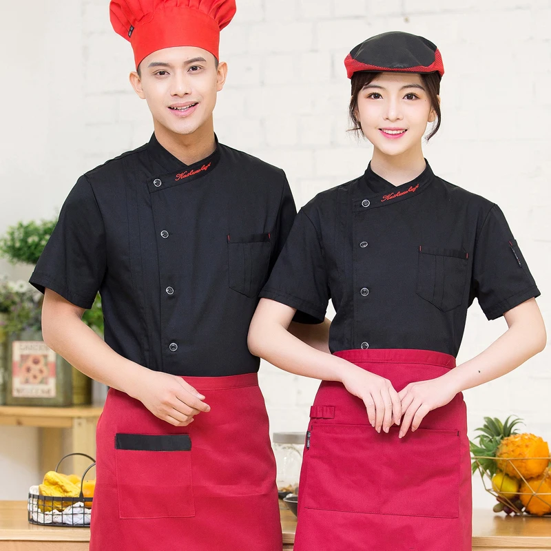 Unisex Casual Soft Chef Jackets Short Sleeve Stand Collar Double Breasted Kitchen Catering Restaurant Long sleeve Work Uniform - Цвет: short sleeve BLACK