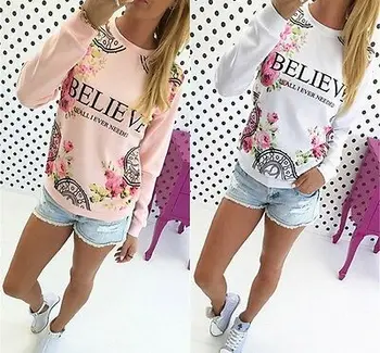 

Fashion Women Ladies Stylish Letters Floral Printing Long Sleeve Round Neck Casual Blouse Tops Shirt Pullover Sweater Outwear