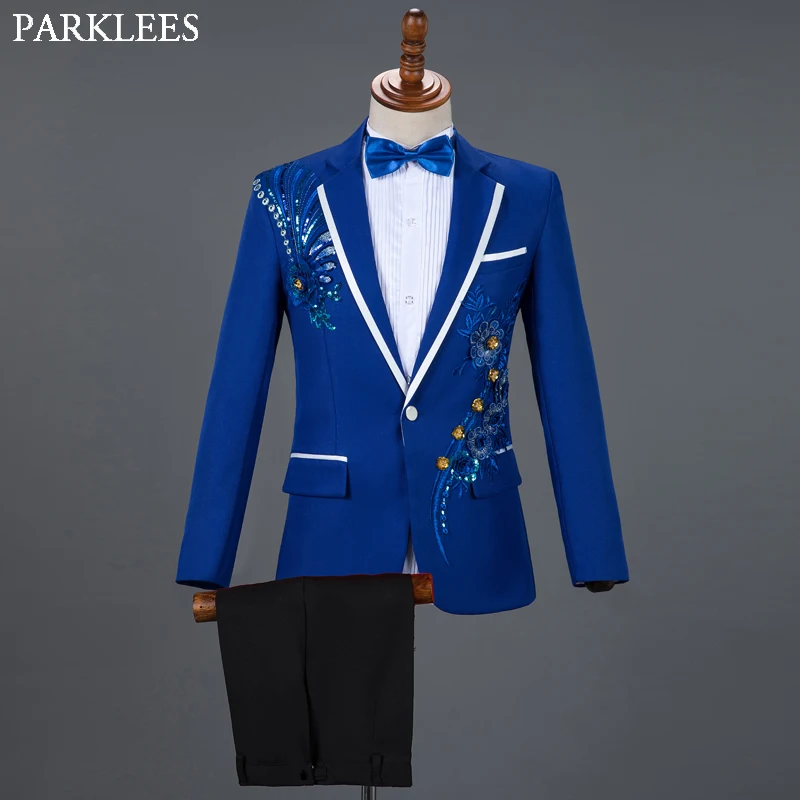 Mens Suit Red Diamond Floral 3 Piece Blazer+Pant+Bow Tie Fashion Tuxedo For Wedding Stage Costume