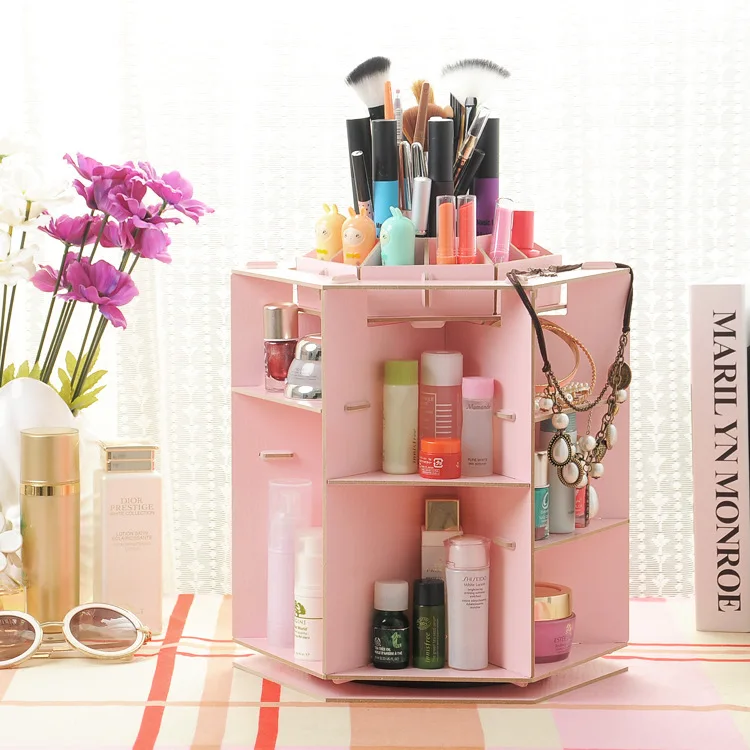 Round rotating makeup box desktop 360 degree wooden DIY storage cosmetic organizer | Дом и сад