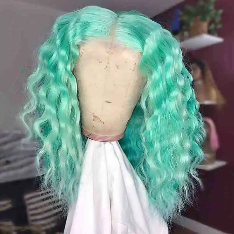 Предпочтительный предварительно выщипанный ярко-розовый свободная волна парик 13x4 бразильские прозрачные кружевные парики Реми Короткие парики из человеческих волос для черных женщин - Цвет: water green