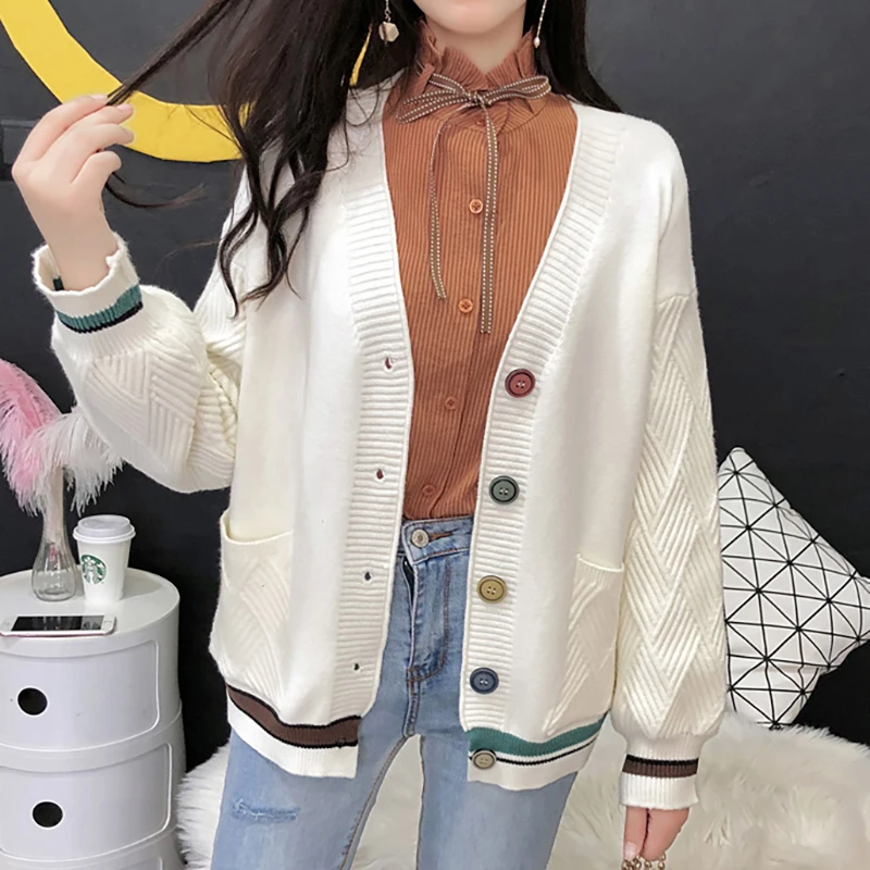 

Cardigan Sweater 2019 Winter New Korean Casual Loose Knitted Cardigan Coat Solid Long Sleeve V-neck Women Cardigan Sweater Coat