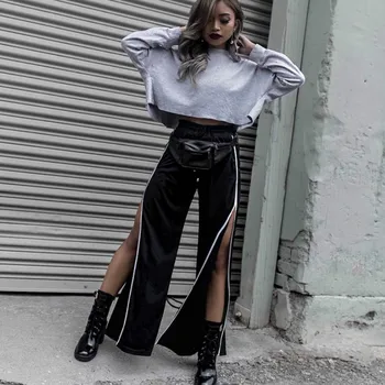 

Women Casual Pants Long Length Hollow Out Black Cargo Sweatpants High Waist 2020 Autumn Split Wide Leg Fashion Street Trousers