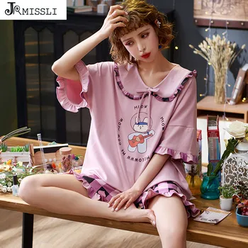

JRMISSLI 2020 Summer New Arrival Pajama Sets For Women Short Sleeve Trousers 2 Pcs Loose Pyjamas Good Quality Cotton Pijama