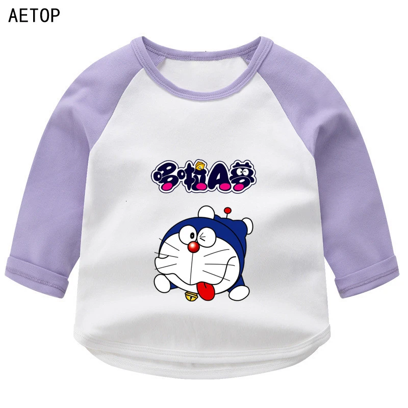 Doraemon, летние топы с круглым вырезом для мальчиков и девочек, цветная футболка с длинными рукавами Детская футболка с рисунком для малышей - Цвет: as picture