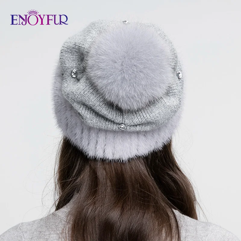 ENJOYFUR норки мех вязаные шерстяные шапки для женщин зимние толстые теплые мешковатые шапки-Боб женские шапки с лисьим мехом пом