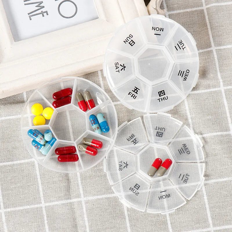 Tablet pillbox Multifunctional round 7-segment weekly medicinebox rotating pill box portable 7-segment plastic carry-on pillbox Tablet pillbox Multifunctional round 7-segment weekly medicinebox rotating pill box portable 7-segment plastic carry-on pillbox