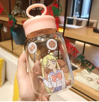 

500ml Anime Sailor Moon Glass Bottle Creative Cartoon Drinking Water Bottle Fashion Portable Handle Cup For Student Girls Gift