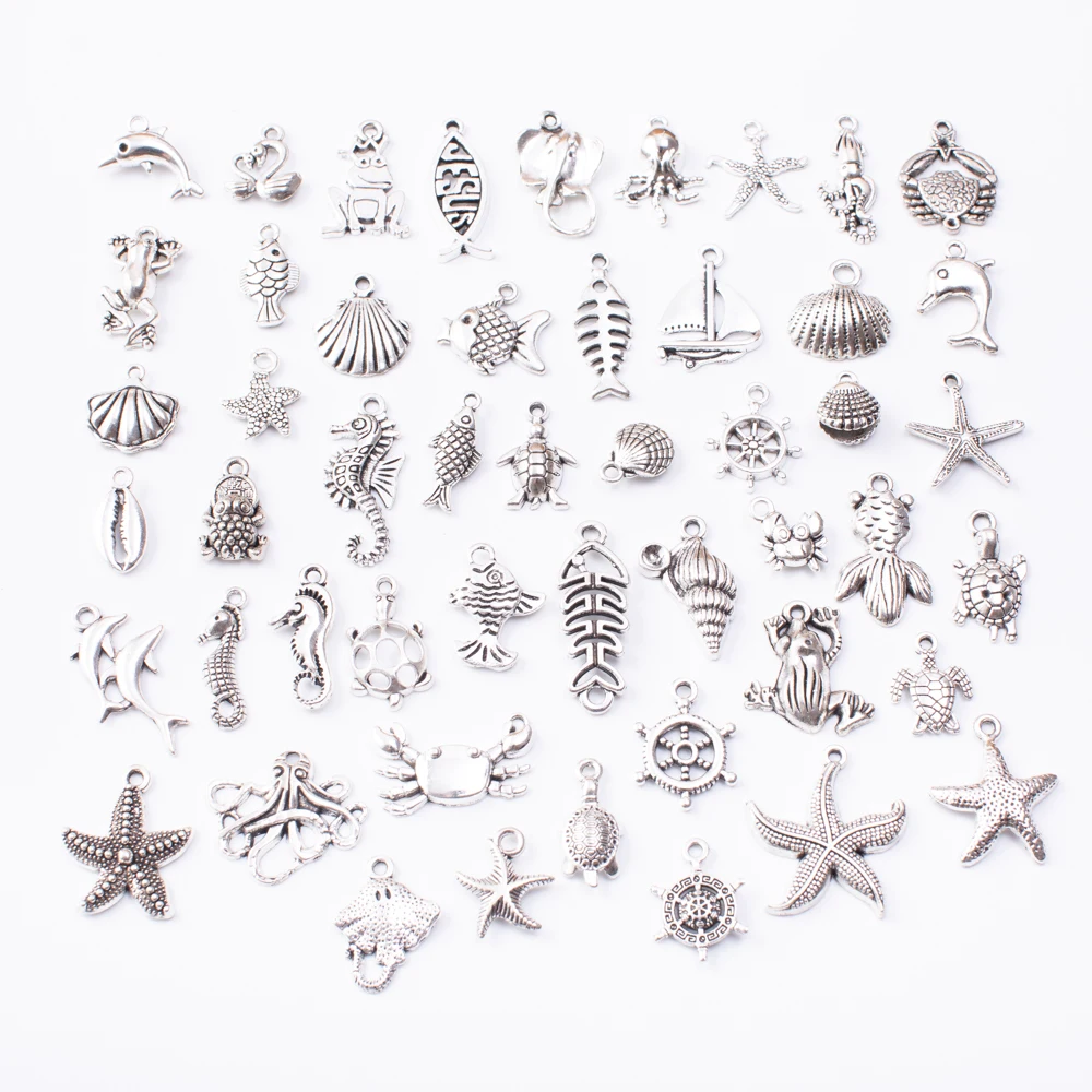 50pcs Морские животные 50 шт тибетские серебряные смешанные стили Подвески самодельные ювелирные изделия для изготовление браслета ожерелья Аксессуары js2231 - Окраска металла: 50pcs
