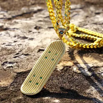 

Green CZ Stone Paved Bling Iced Out Gold Silver Color Skateboard Pendants Necklace for Men Women Hip Hop Rapper Jewelry Gifts
