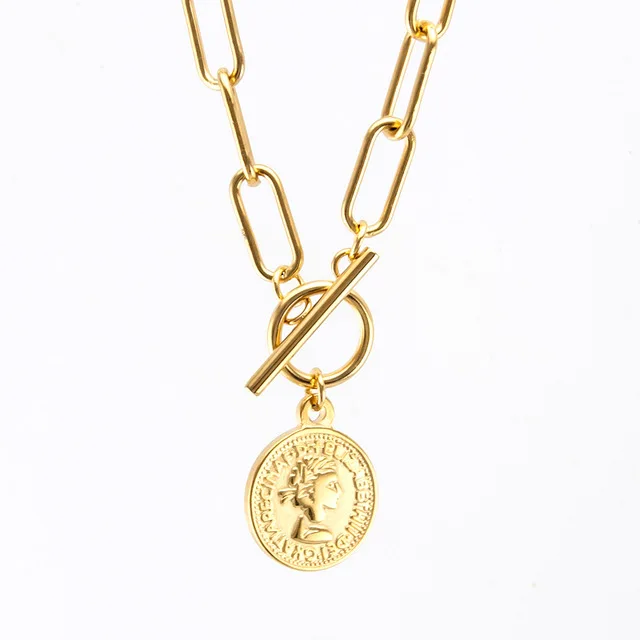 Винтажный браслет с резными монетами ожерелье для женщин из нержавеющей стали золотого цвета медальон-подвеска ожерелье длинное колье ювелирные изделия в стиле "Бохо" Колье - Окраска металла: 20mm coin gold-