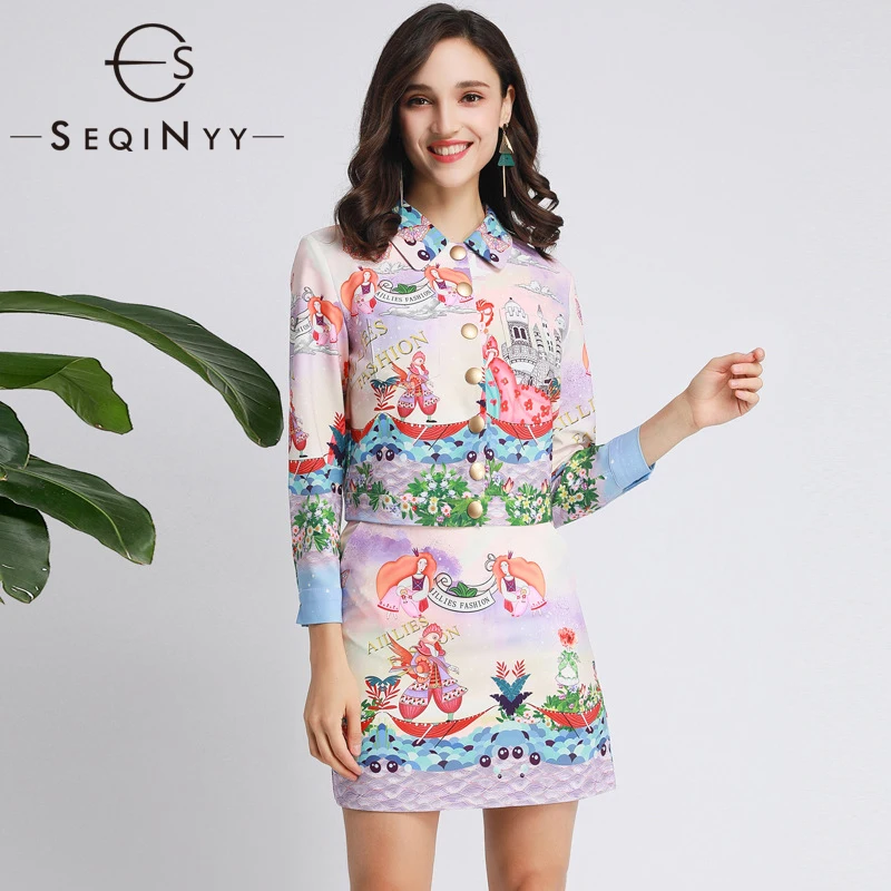 

SEQINYY Women Set 2020 Summer Spring New Fashion Design Women Short Jacket + Mini Skirt Fantasy Castle Printed Suit