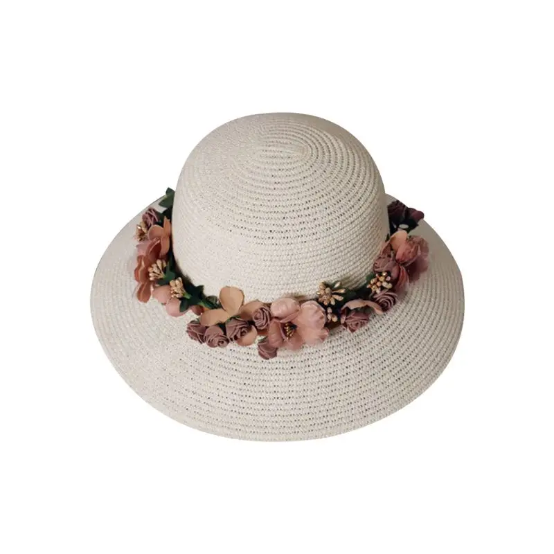 6EE402103-1 Women Summer Sun Visor Hat Artificial Flower Garland Wreath Lace Ribbon Wide Brim Bucket Cap Mulitifunction Sunproof Beachwear - Цвет: 6EE402103-1