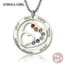 StrollGirl, 925 пробы, серебряное ожерелье на заказ, мамино сердце в сердце, ожерелье с 7 детскими именами и камнями по месяцу рождения, Серебряное ювелирное изделие