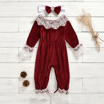 

New Baby Girls Romper Autumn Girl Gold Velvet Long-sleeved Jumpsuit Toddler Cute Baby Lace Stitching Collar Jumpsuit