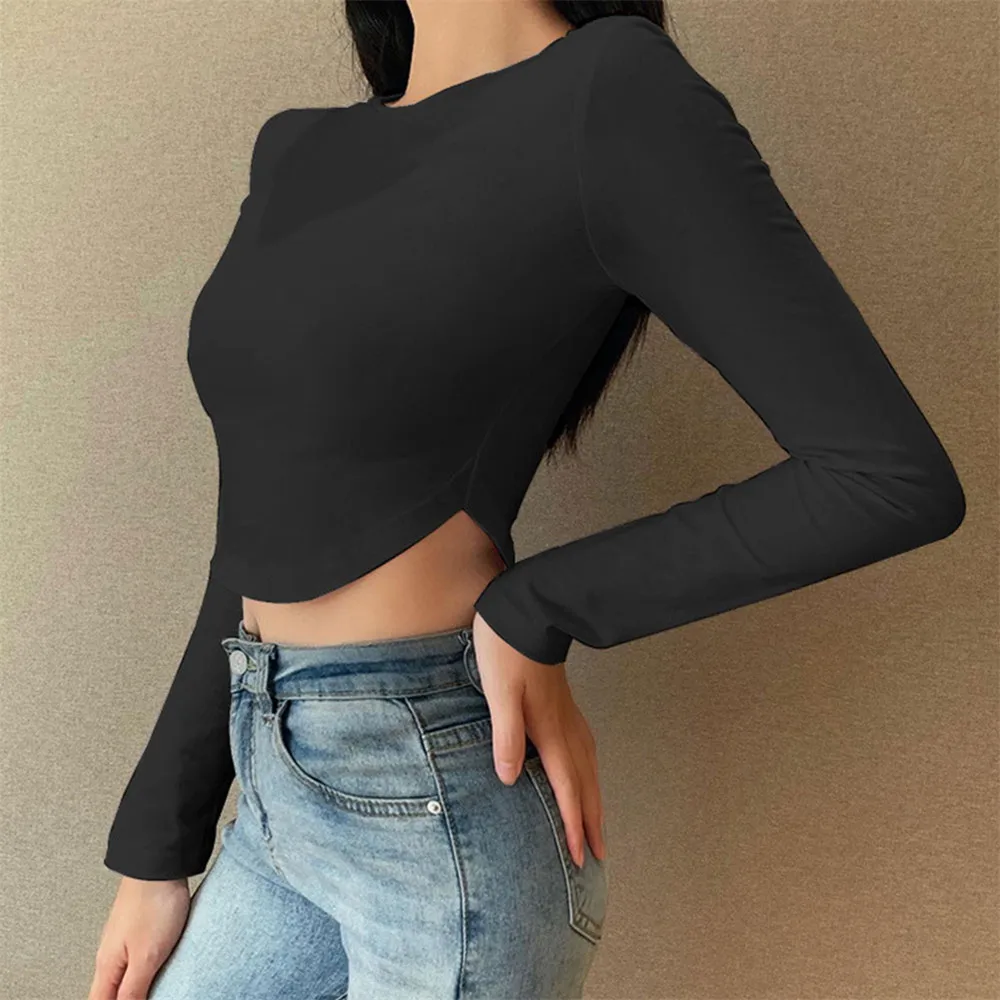 

Spring Women Solid Slim T-Shirt Longâ€“Sleeve O-Collar Elastic Crop Top Fall Wrapped Irregular Hem Female Clothes Pullover