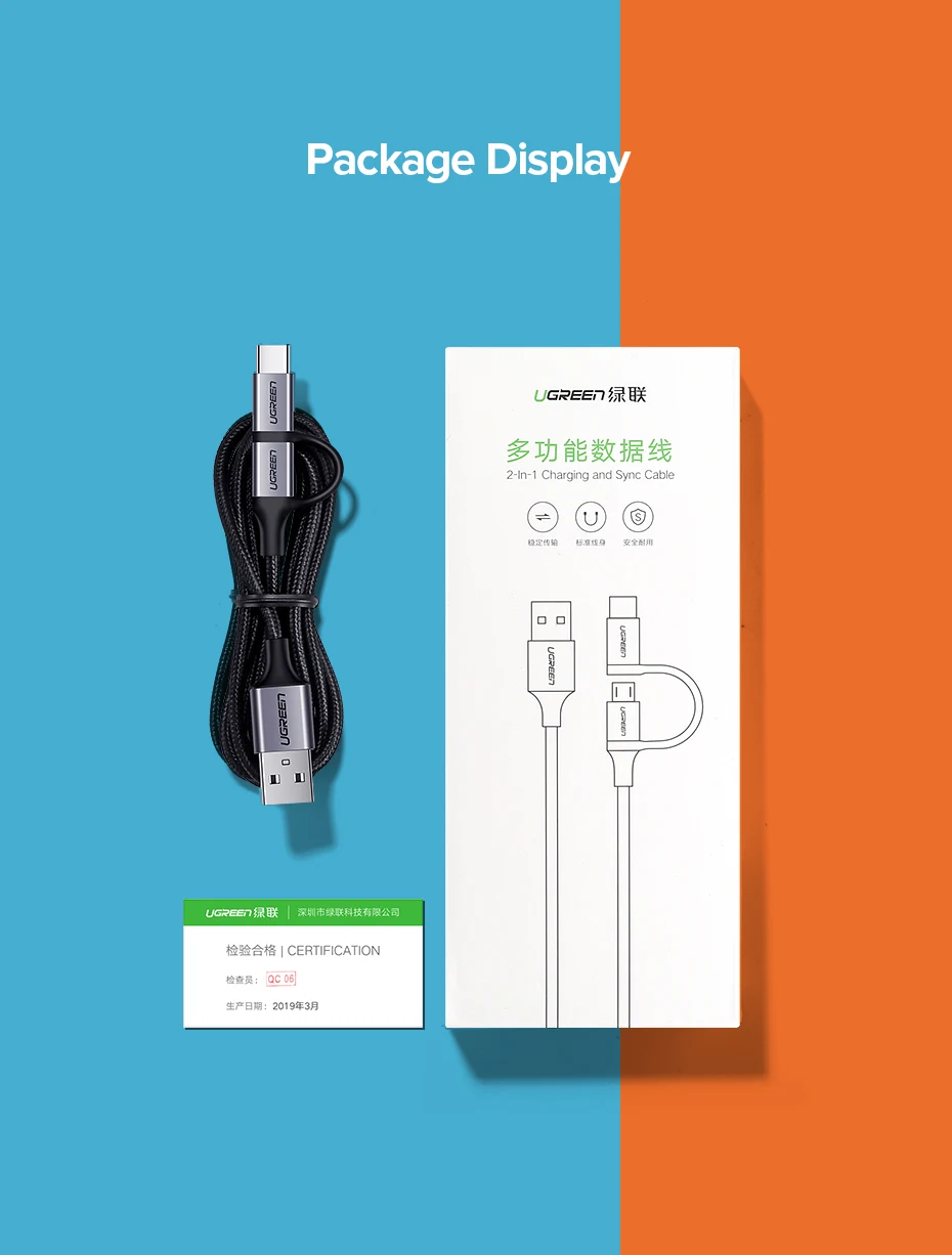 Ugreen usb type-C кабель для samsung Galaxy S10 S9 2 в 1 быстрый Micro USB кабель для зарядки и передачи данных мобильный телефон USB зарядное устройство Шнур