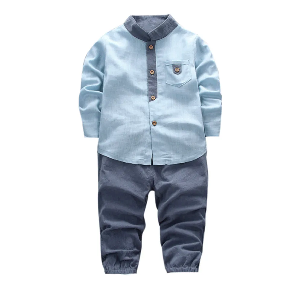 2pcs Toddler Baby Boys Kids Shirt Tops+Long Pants Clothes Gentleman Outfits Set roupa infantil vetement enfant fille W1114 - Цвет: Light Blue