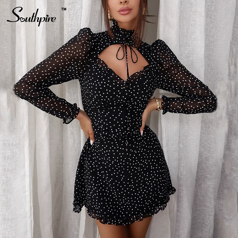 Mini Dress Daily-Clothes V-Neck Lace-Up Long-Sleeve Chiffon Southpire Polka-Dot Elegant