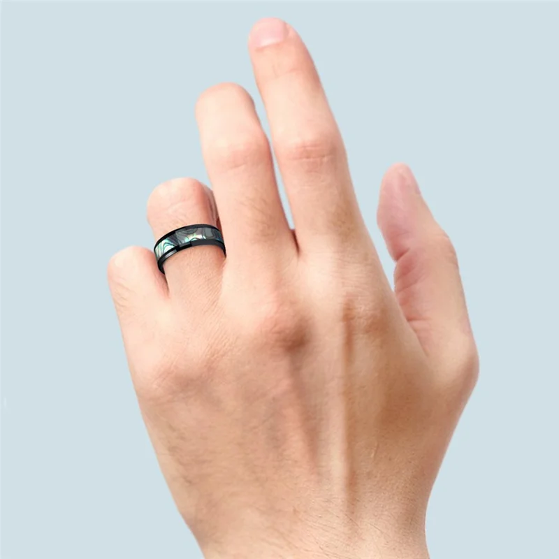 8mm Men Rings Black Tungsten Ring Inlay Abalone Shell Beveled Wedding Bands for Men Engagement Jewelry Women Rings