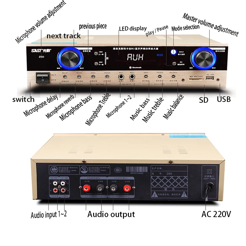 KYYSLB 220 В D60/D62 300 Вт* 2 4,0 Bluetooth усилитель мощности Профессиональный KTV аудио сценический домашний фиксированный усилитель сопротивления K песня