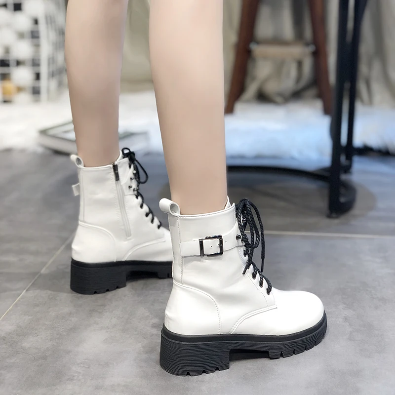 White Western Boots Cowboy Boots Women New Lace Up Leather Boots Black Ankle Boots Women Fashion Punk Combat Boots Platform