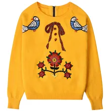 Women Embroidery Yellow Sweater Bird Floral Embroidered Beading Bowknot O-neck Pullovers High Quality Autumn Winter Knit Sweater