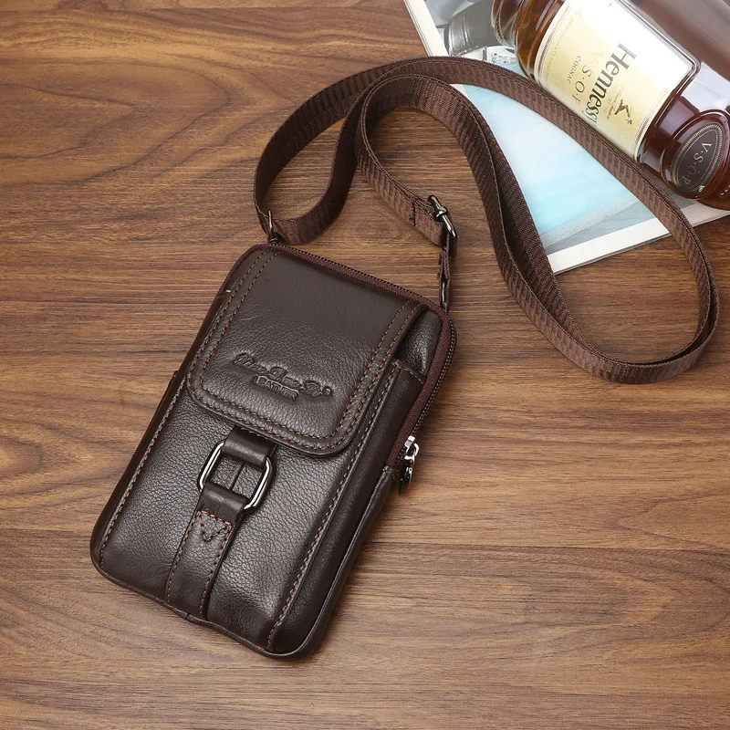 

New Products Men Leather Pocket Multi-functional Mobile Phone Bag 5.5-Inch/6-Inch Mobile Phone Waist Bag Wear Leather Belt Mini