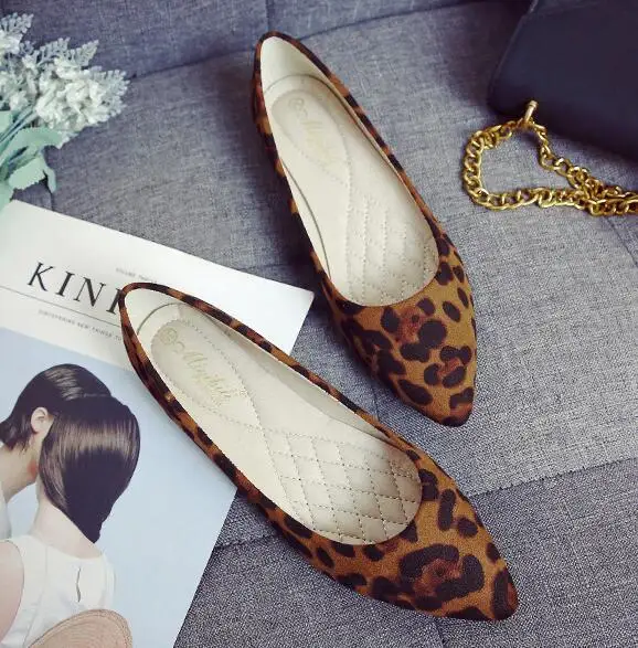 plus size flock leopard flats shoes woman pointy toe shallow loafers casual soft soled ballet flat shoes trend Korean moccassins - Цвет: Коричневый